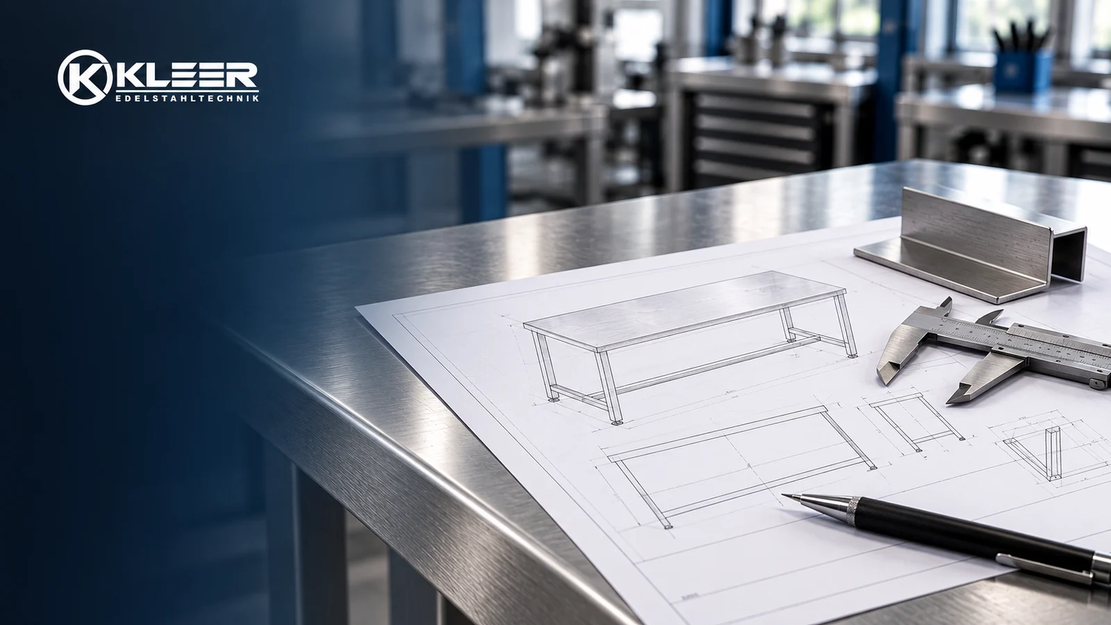 Technische Zeichnung eines Arbeitstisches mit Messschieber, Bleistift und Edelstahlprofil auf einer Werkbank.